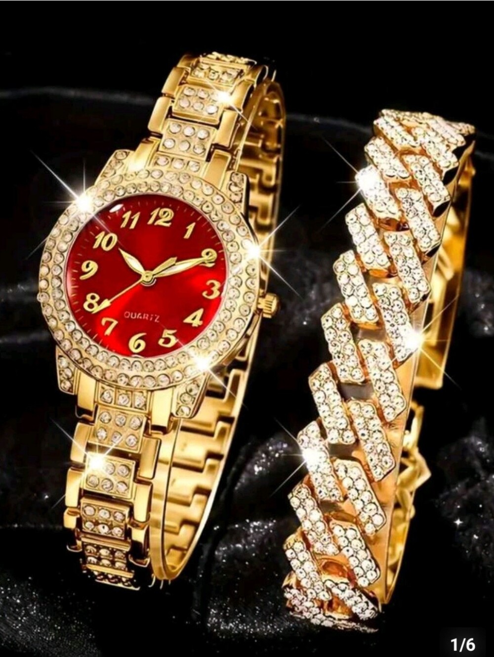 Ladies  Elegant Crystal Bling Gold Vermeil  Fashion Quartz Watch Bracelet Set